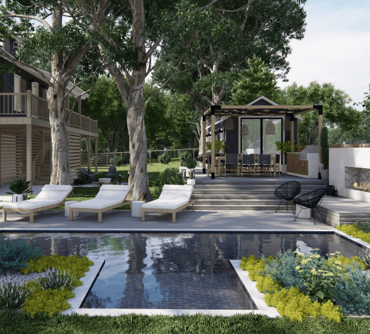 backyard design with ADU, pool, and lounge