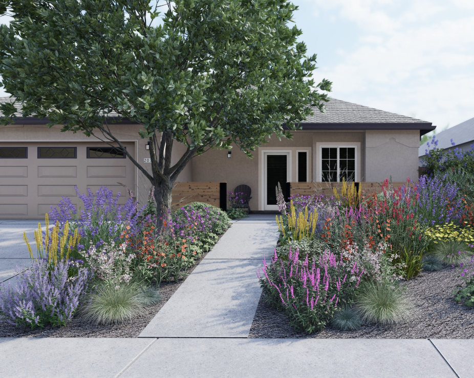 3D render of pollinator garden in front yard, concrete walkway, and specimen tree