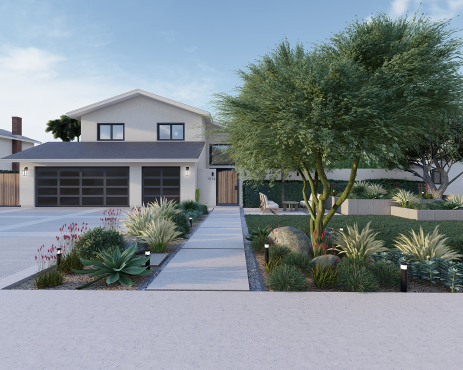 3D render of front yard design with small lawn, trees, and planting beds with flowering shrubs and ornamental grasses