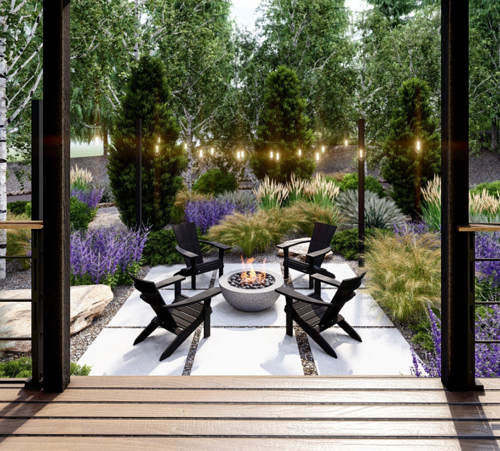 3D render of backyard design with fire pit seating area and lush plantings