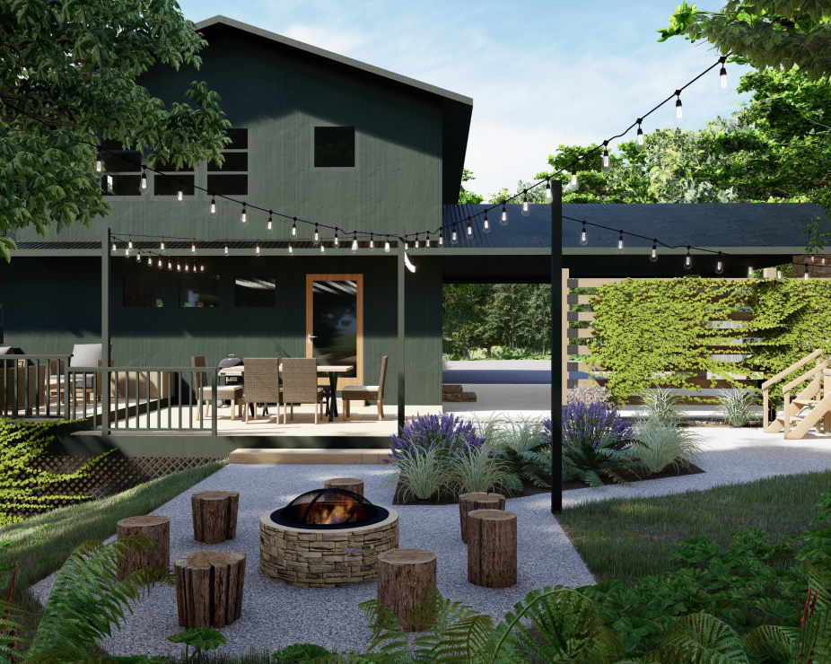 Backyard design render with fire pit and logs for seating