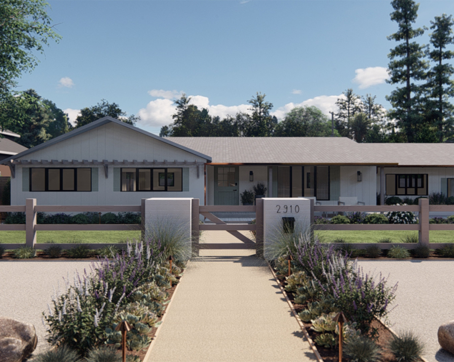 curb appeal design with rail fence and lush planting beds