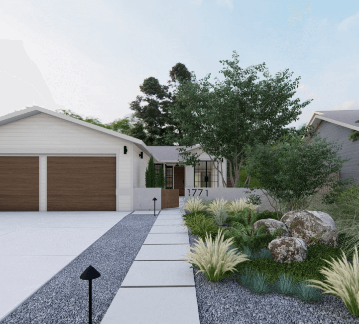 front yard design with paver walkway and ornamental grasses
