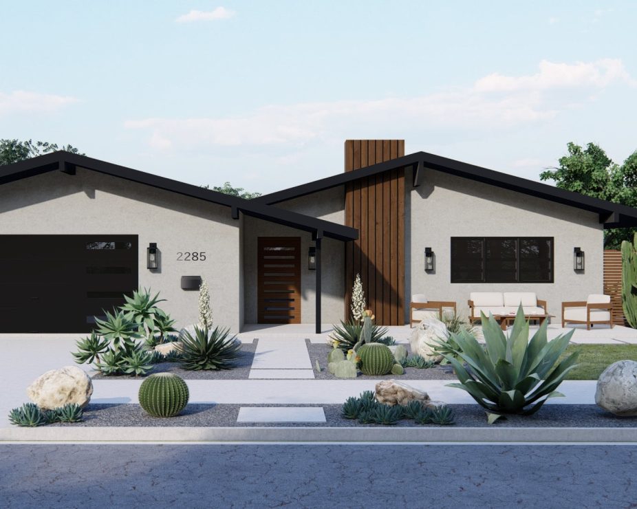 front yard design for modern home with drought tolerant plantings