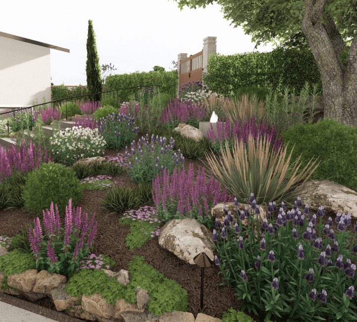 3D render of design for hillside planting bed including flowering shrubs and ornamental grasses.