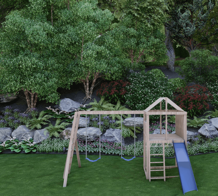 3D render of backyard lawn with kids playset and slope covered with trees, boulders, and planting beds behind.