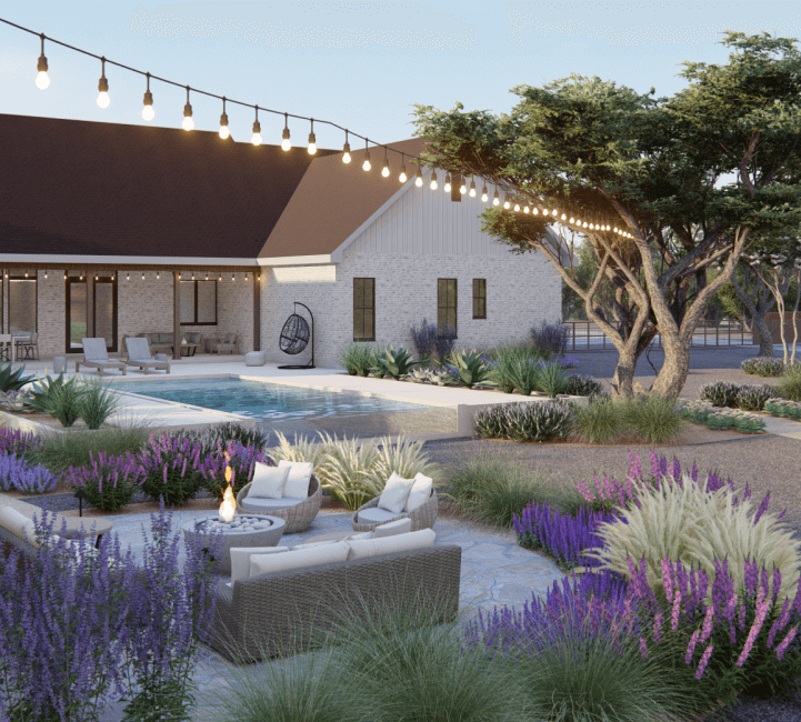 Backyard with lavender and low water plants around a fire pit lounge area and plunge pool