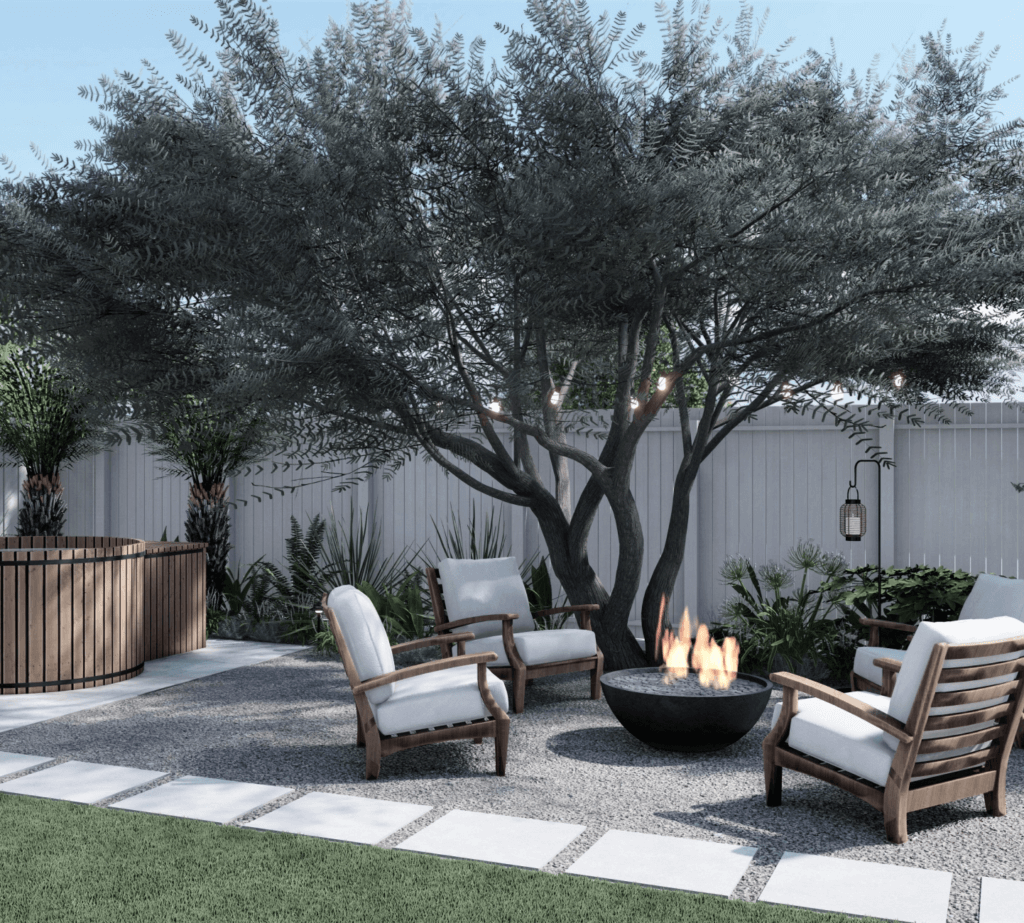 Backyard design with lounge area near fire pit and outdoor hot tub