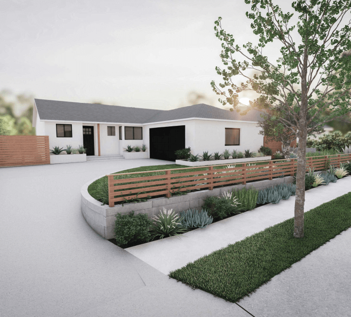 Front yard with black and white house with wood fence, low water plants and large garage