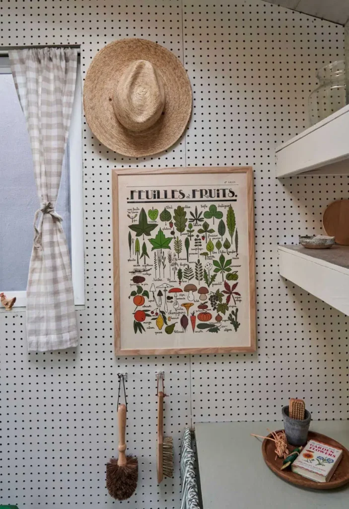 Interior of backyard shed with plant poster on wall with hanging tools