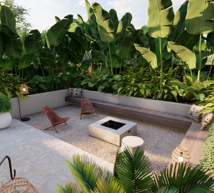 3D render of backyard design with sunken fire pit seating area and tropical privacy plants
