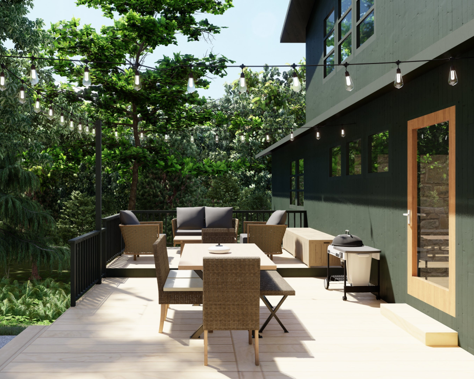 Backyard design render with outdoor dining area and overhead string lights