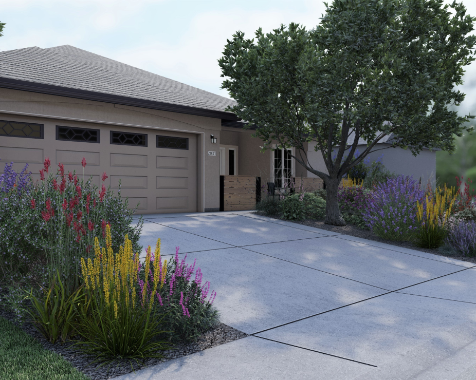 3D render of front yard of home with garage and concrete driveway flanked by flowering planting beds and specimen tree