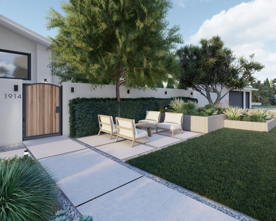 3D render of front yard design with paver walkway, patio seating area, and large concrete planters