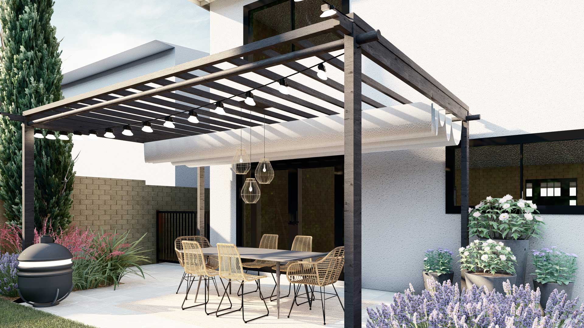 Backyard patio with modern black pergola over dining area