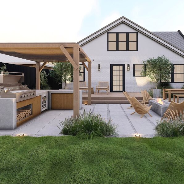 3D render of a backyard landscape design with a fire pit seating area pergola-shaded outdoor kitchen