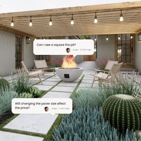 3D render of a backyard design with pergola-shaded fire pit seating area and dialog bubble overlay with design feedback from the homeowner