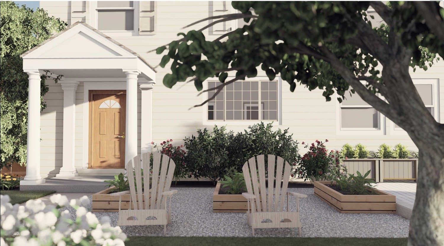 Arlington front yard with adirondack chairs and plant beds on gravel