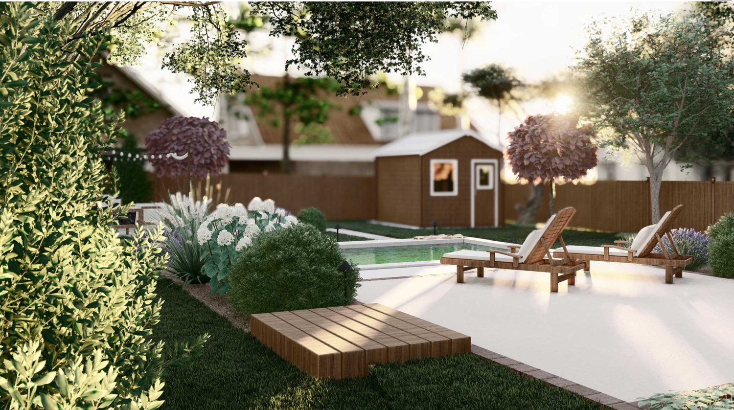 Arlington backyard pool area with outdoor chaise lounges on concrete, with flower surroundings