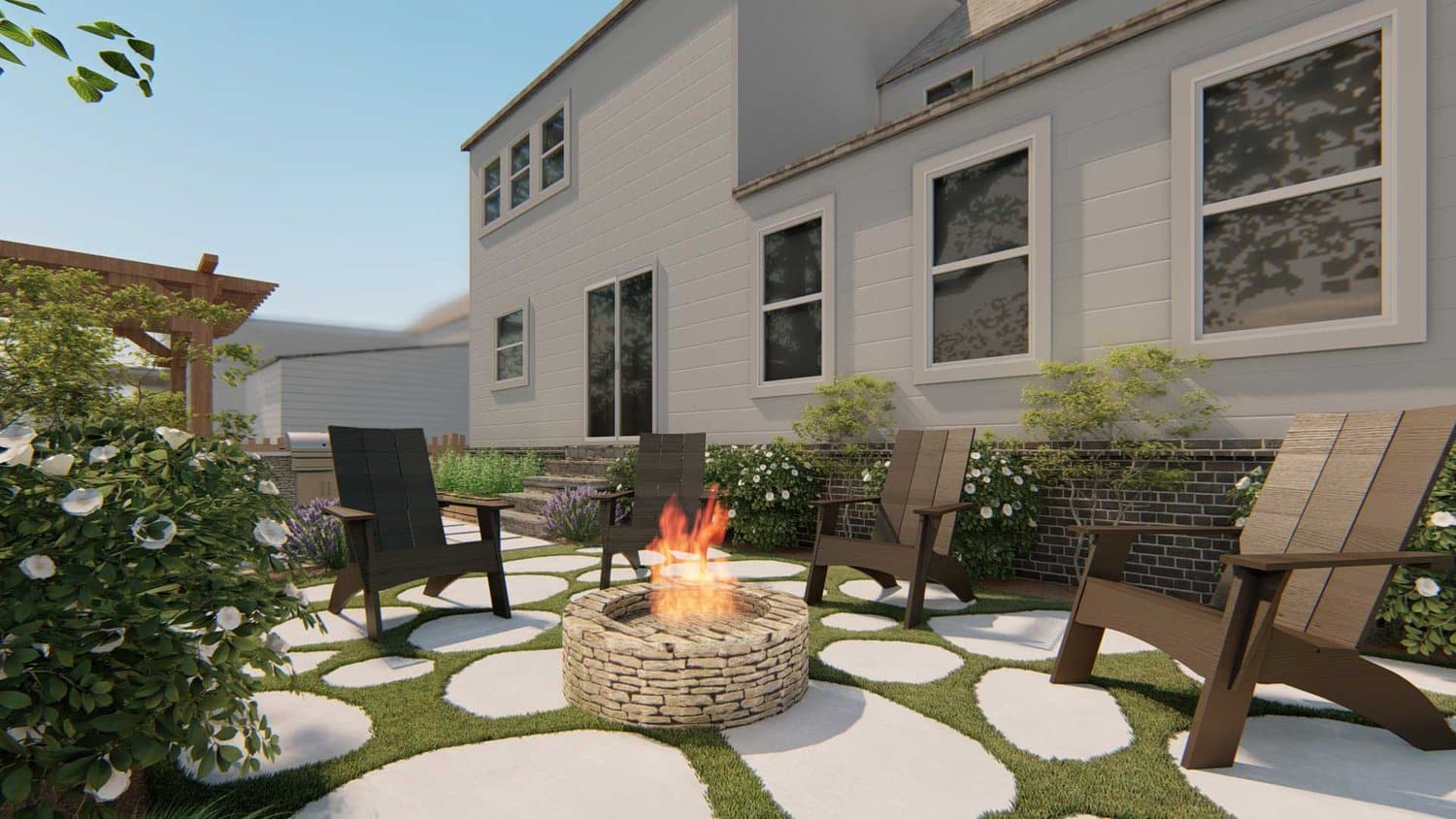 Arlington outdoor grass and concrete paver patio with fire pit seating area
