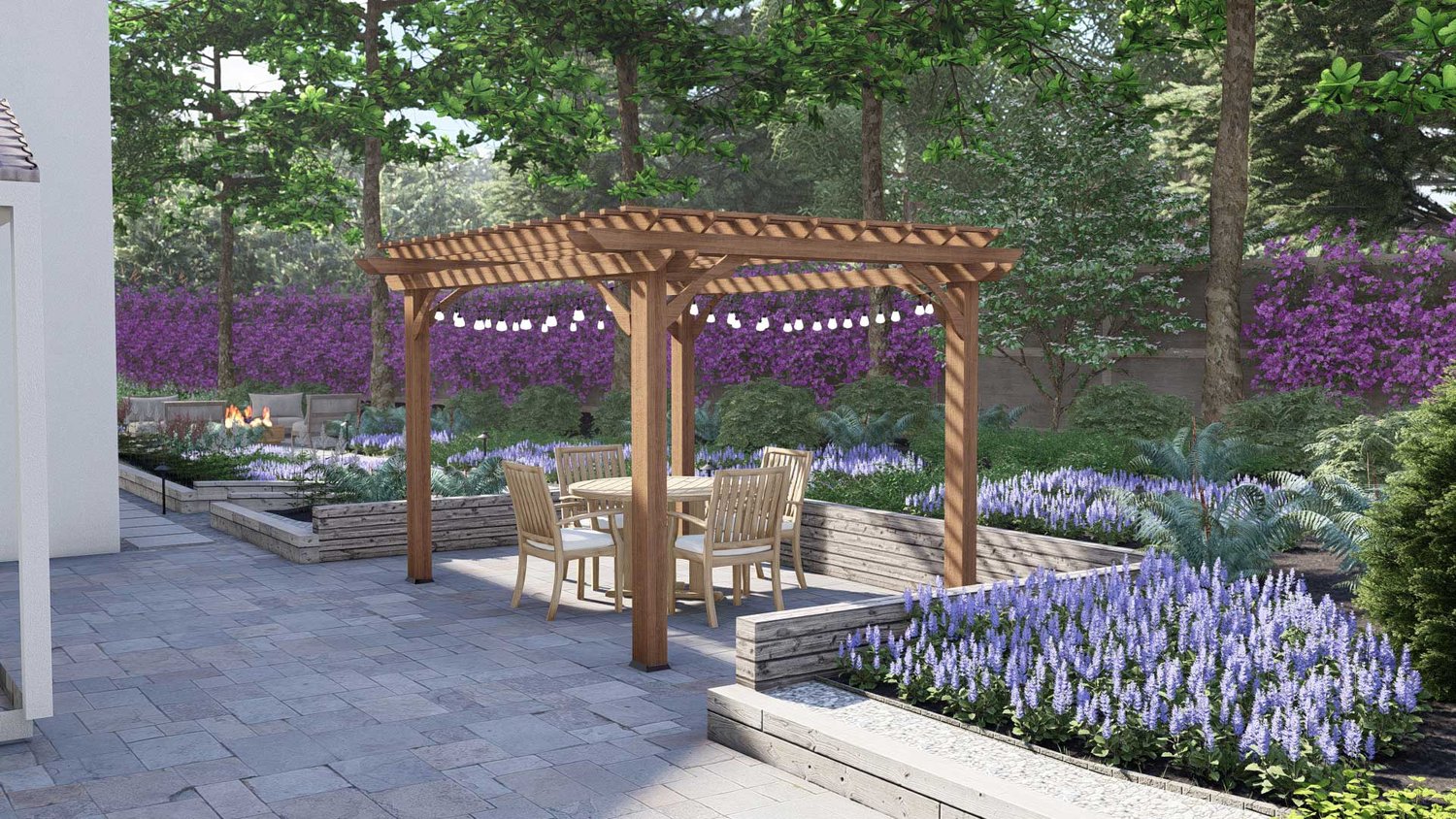 Arlington backyard showing paver patio with pergola over seating area, and beautiful floral surrounding