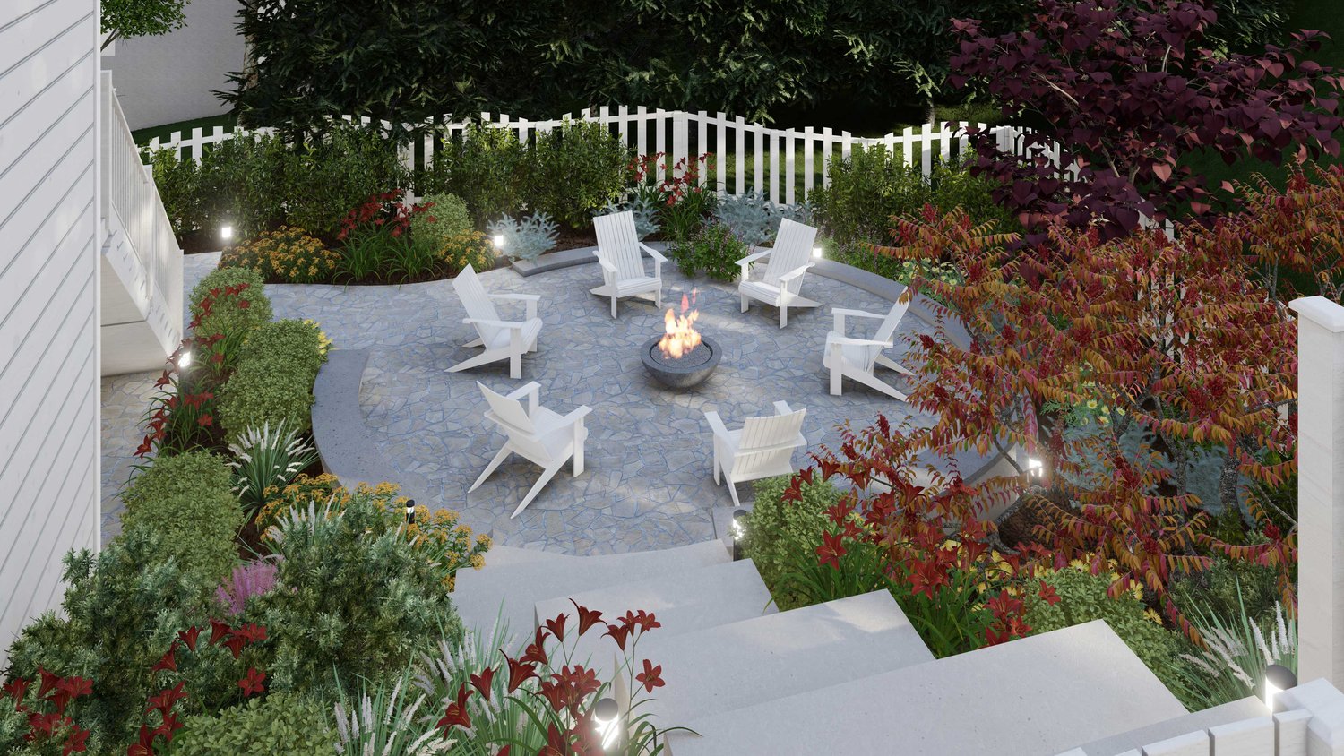 Arlington overhead view of concrete paver patio with fire pit seating area, concrete stairway and colorful floral surrounding