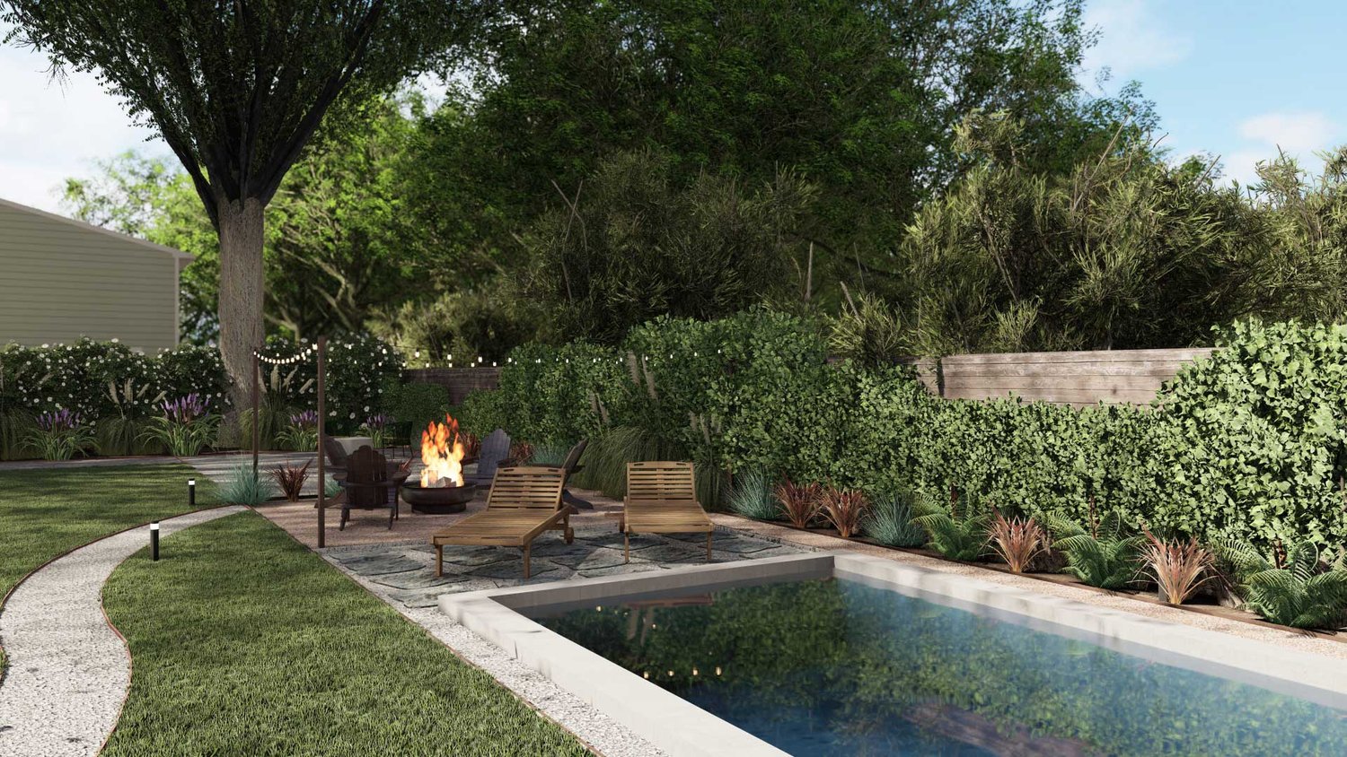 Arlington backyard pool, fire pit seating area with gravel path, alongside trees and plants