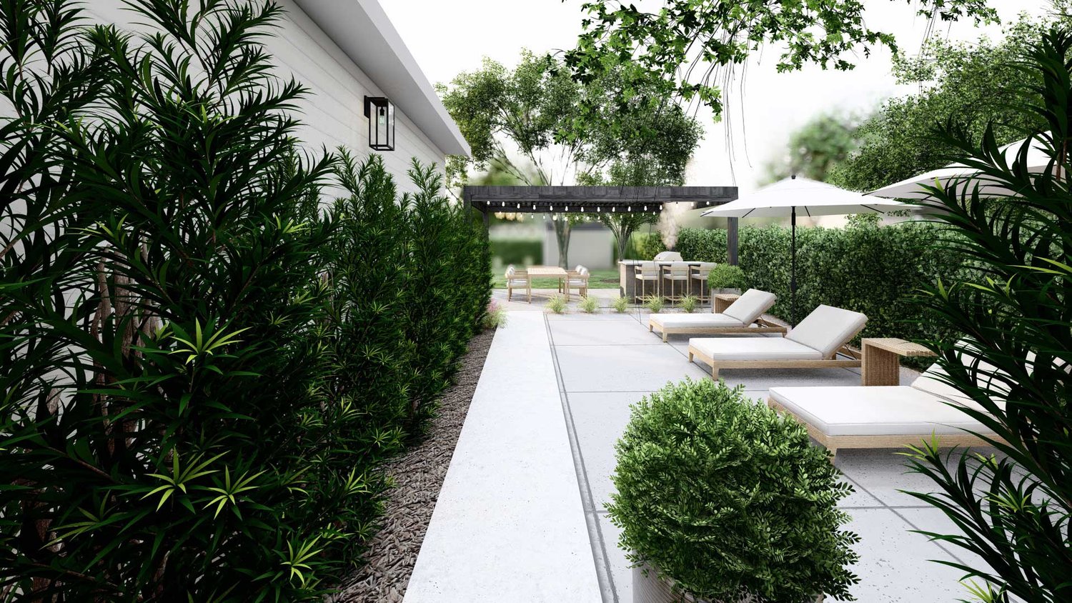 Arlington side yard showing concrete paver sun loungers, plantings and pergola over outdoor kitchen and dining area
