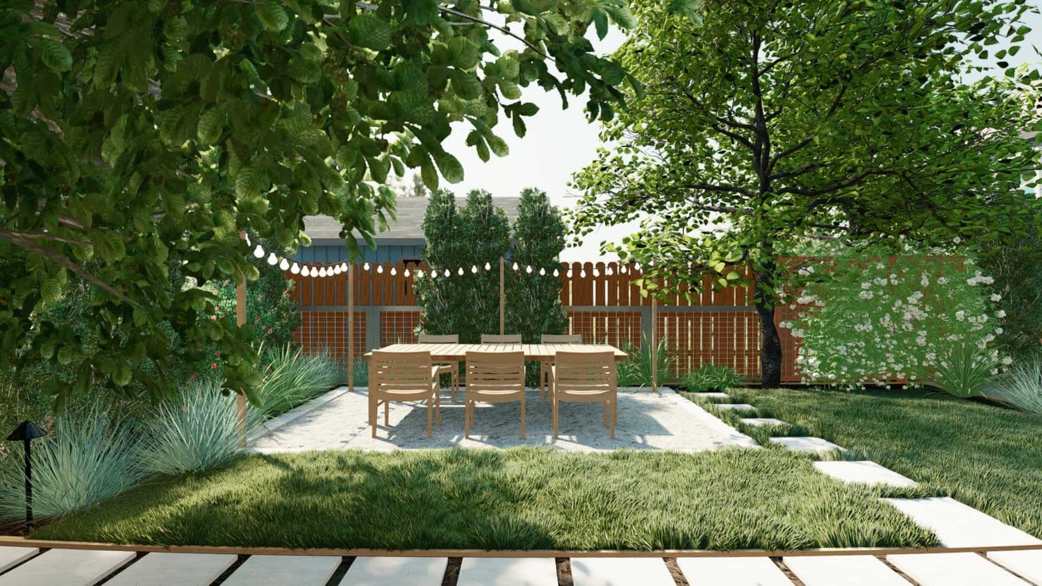 Arlington backyard garden with concrete paver paths and string lights over patio with dining set