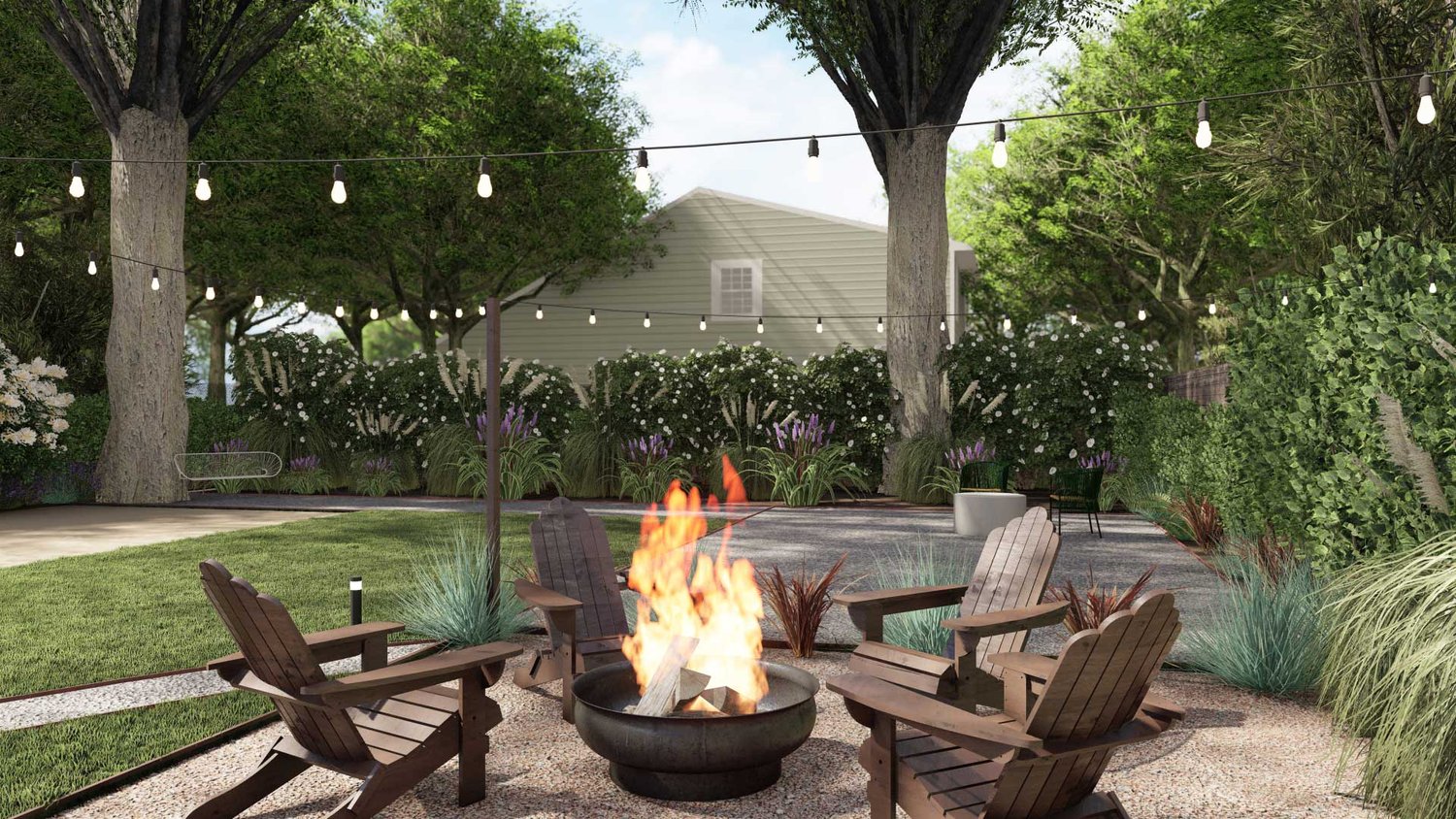 Arlington outdoor gravel patio fire pit seating area with string lights, lawn, trees and plants