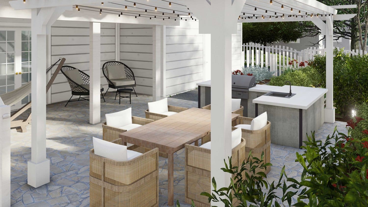 Arlington backyard with pergola over outdoor kitchen and dining area, with low armchair set