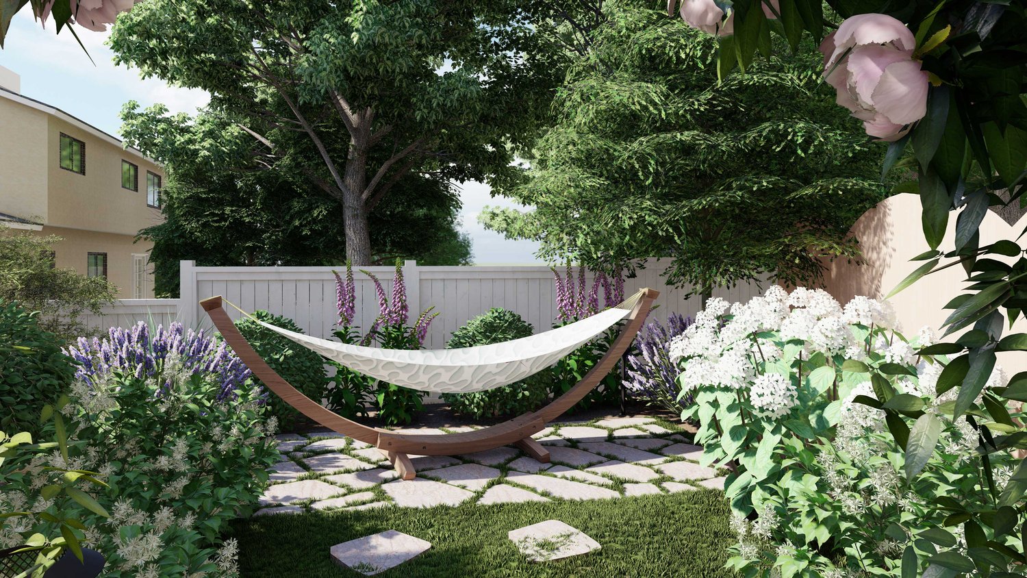 Arlington beautiful backyard garden with concrete paver patio and hammock