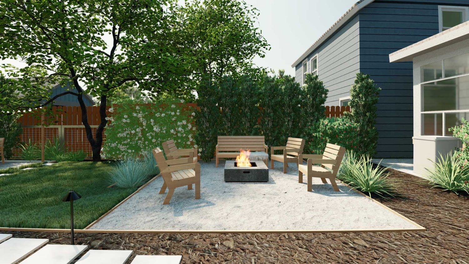 Arlington backyard with fire pit seating area, lawn, trees and plant