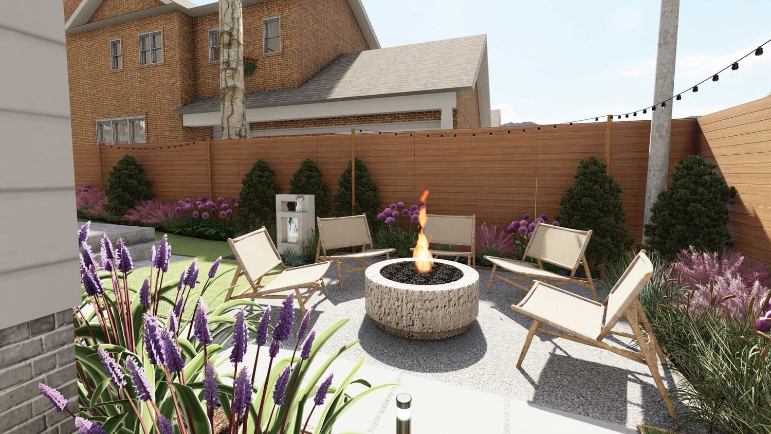 Arlington side yard with concrete patio fire pit seating area with set of relax chair and flowers