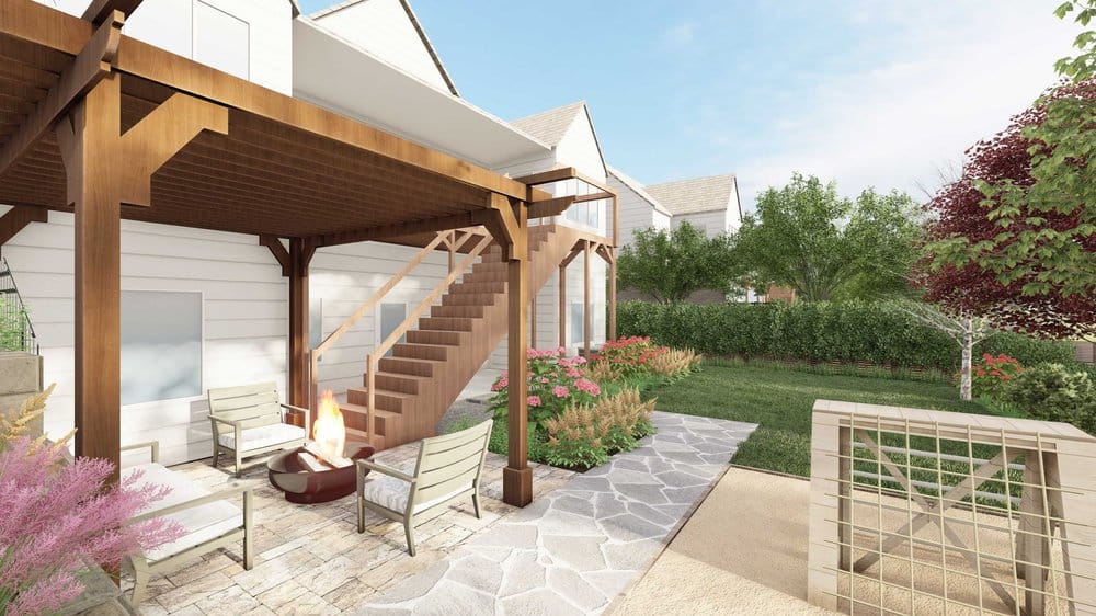 Atlanta backyard design with pergola-covered patio and fire pit