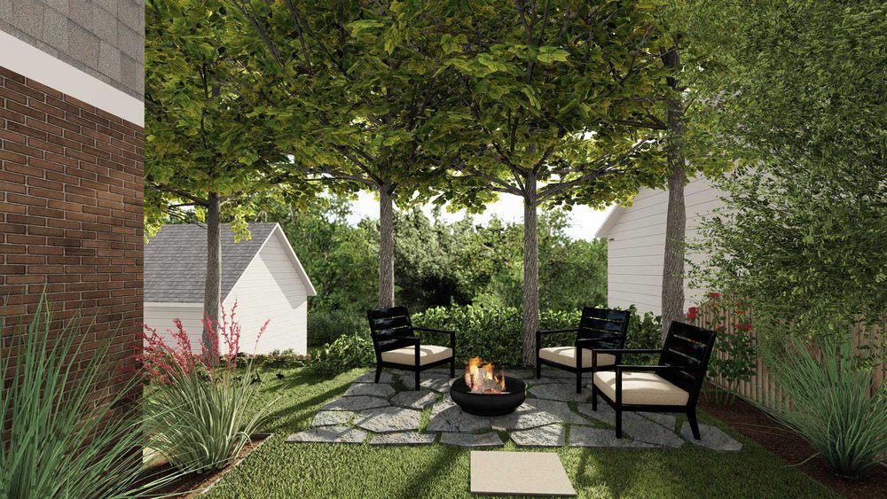 Side yard design with fire pit and trees in Atlanta