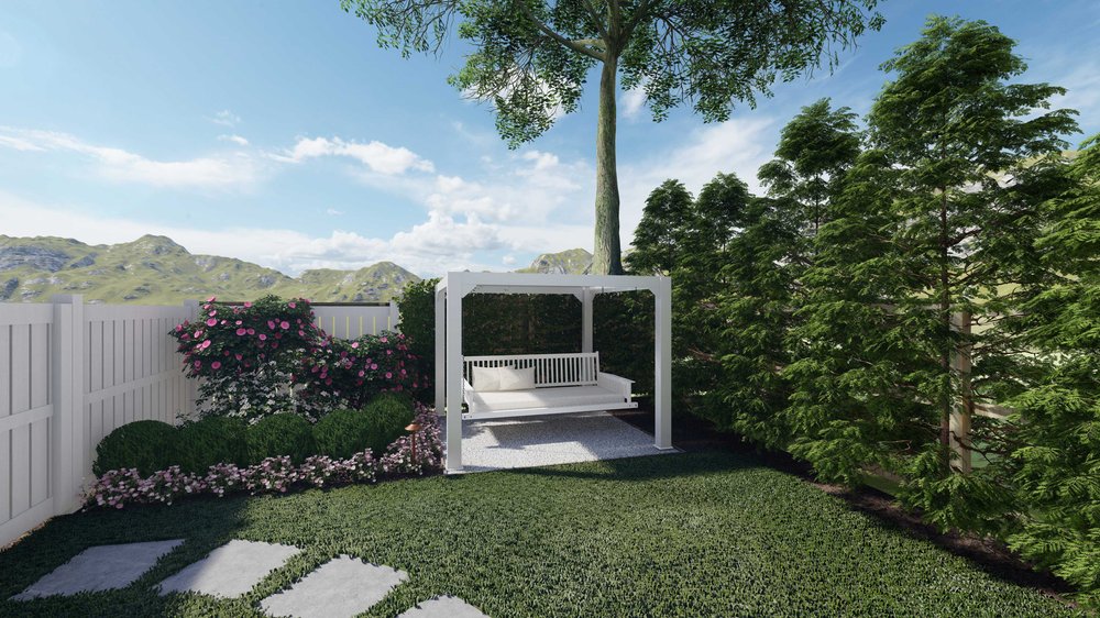 Pergola-covered day-bed with plants and trees in Atlanta