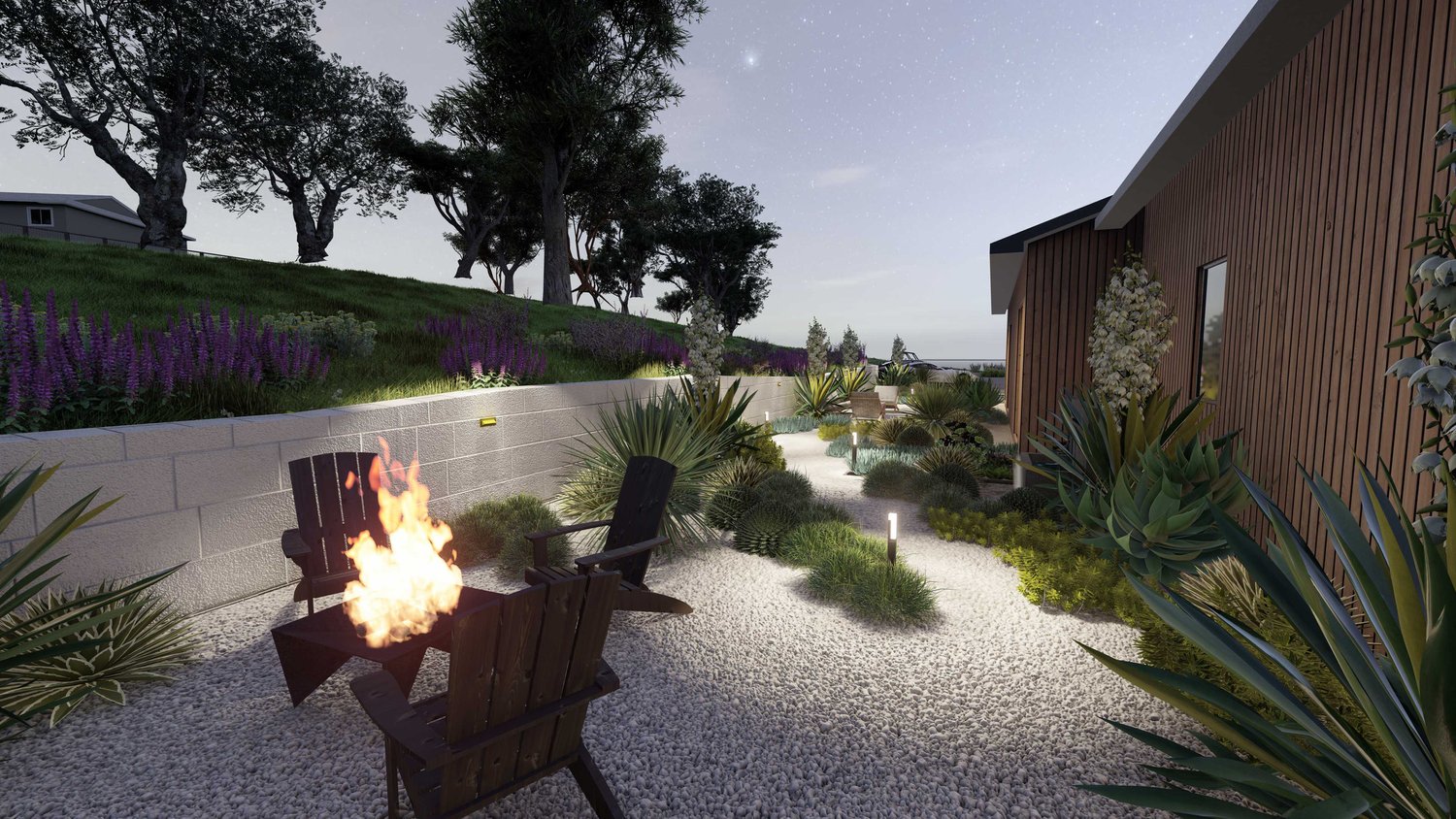 Austin side yard with fire pit, sitting area and plants