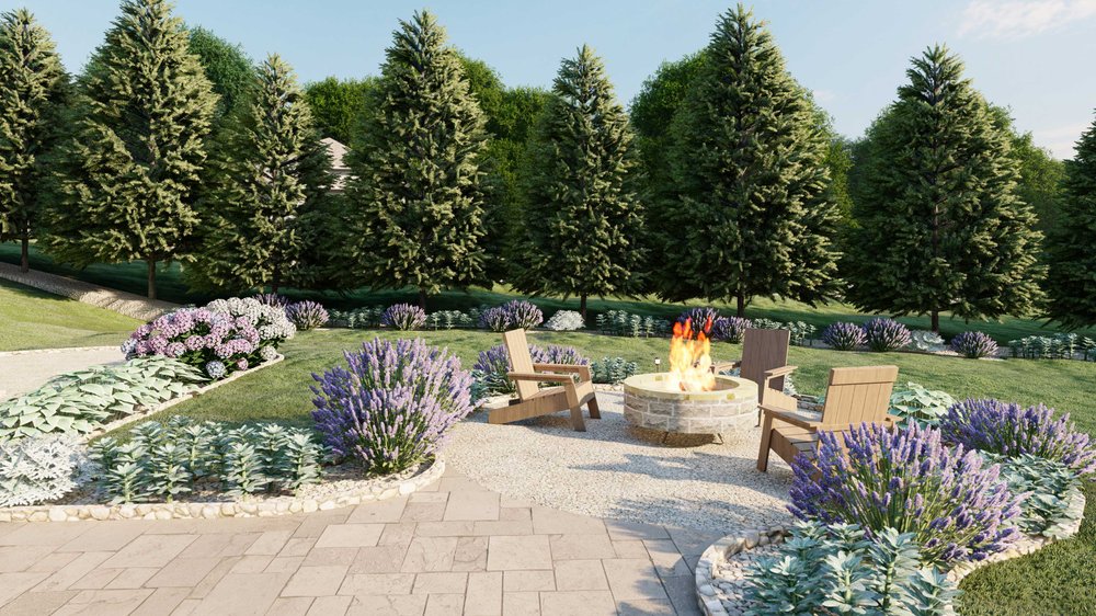 Fire pit and trees in Boston yard