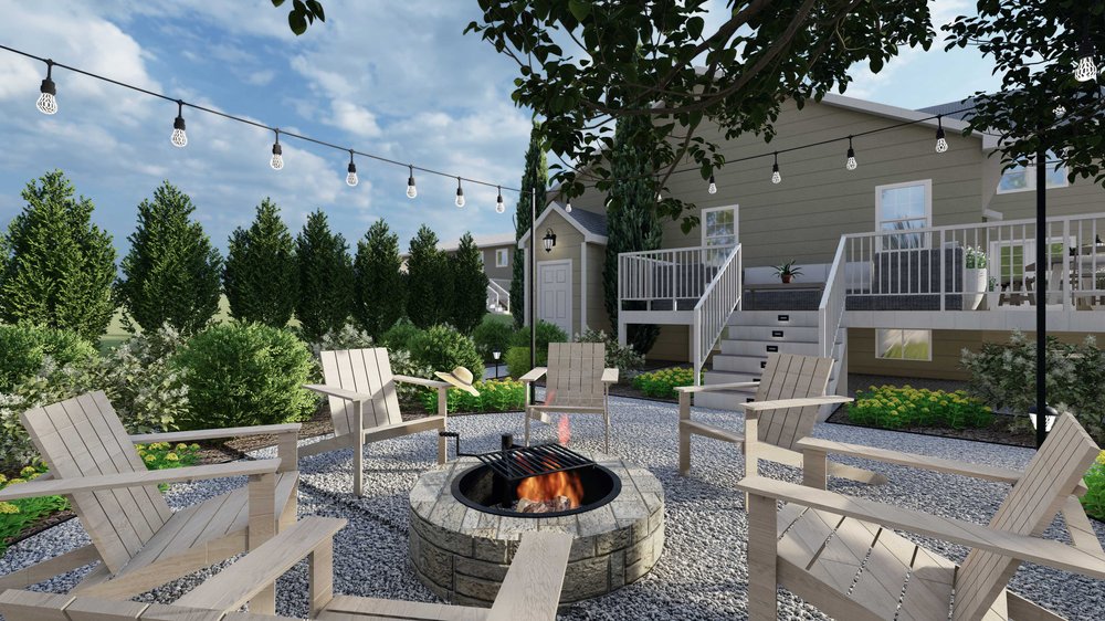 Boston yard with fire pit and hanging string lights