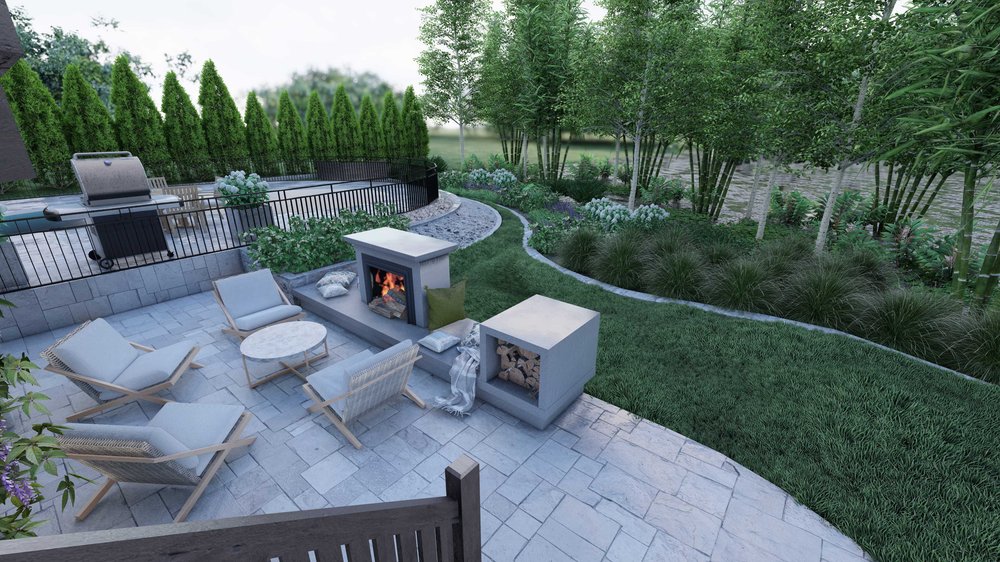Boston porch with patio and fire pit