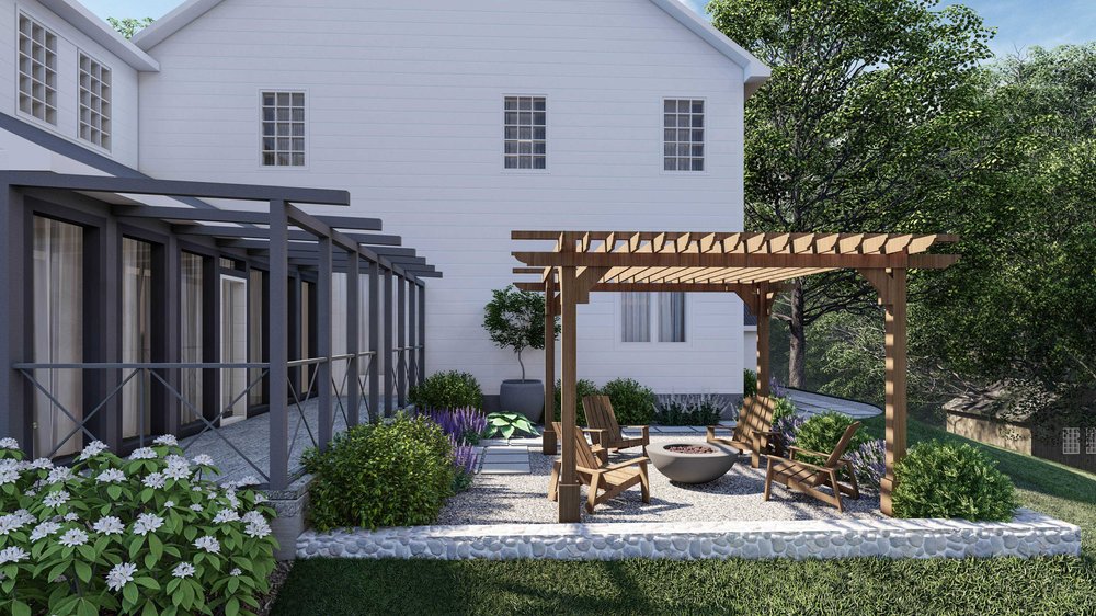 Boston backyard with Pergola-covered Paver Patio and fire pit