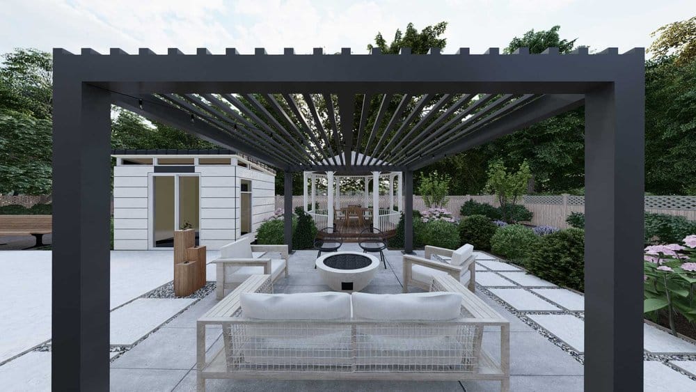 Pergola covered patio and fire pit in Boston