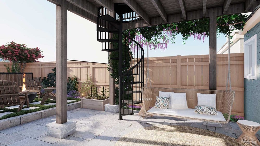 Courtyard design with concrete paver and porch swing in Boston