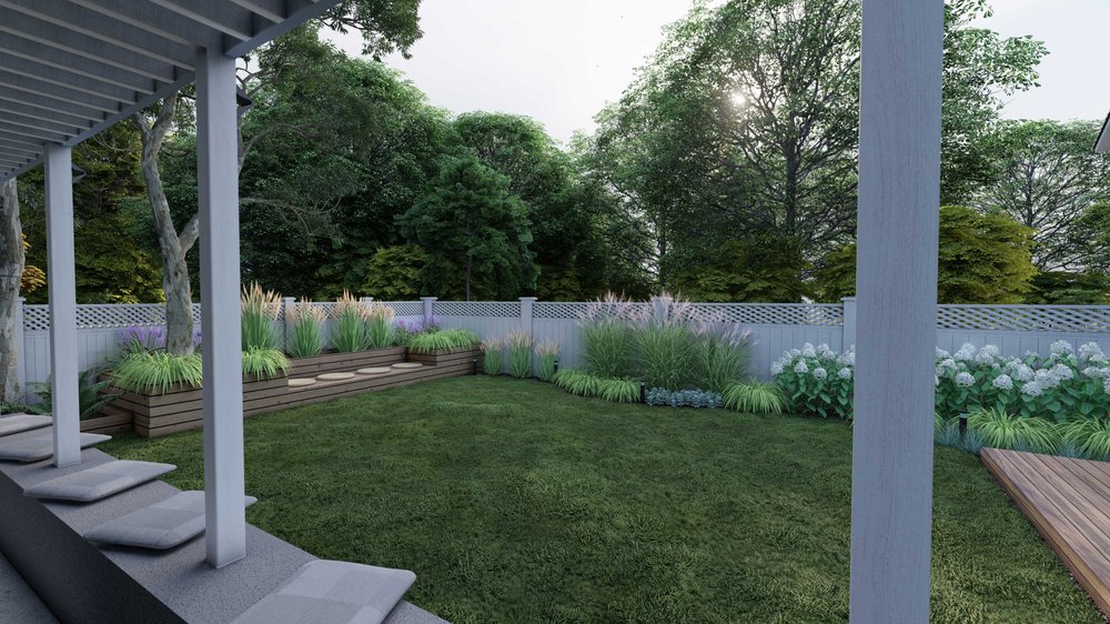 Boston yard design with plants and sod