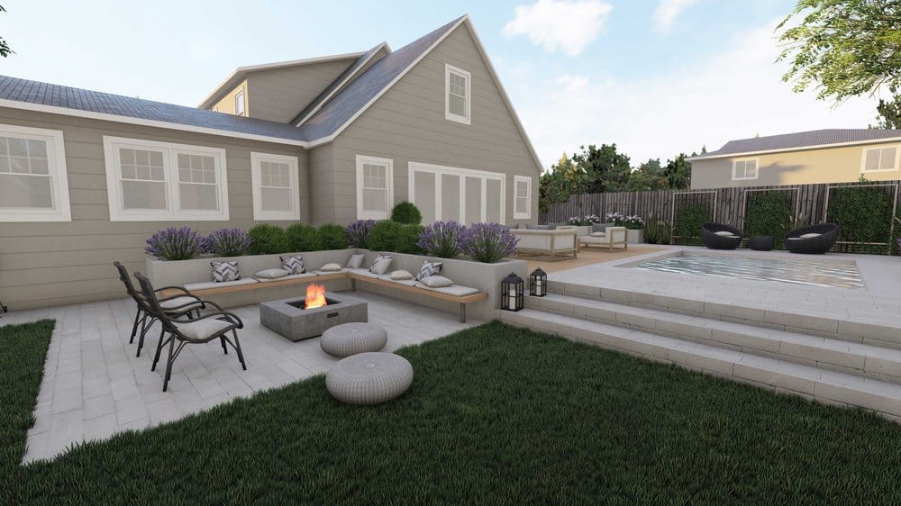 Boston back yard with in-ground pool design and fire pit
