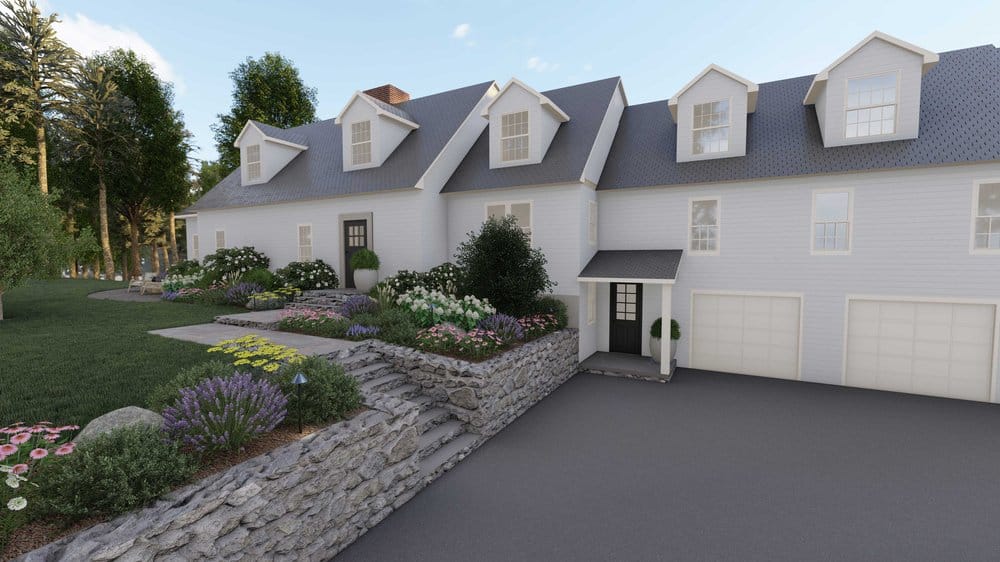 Boston front yard design with driveway and garage