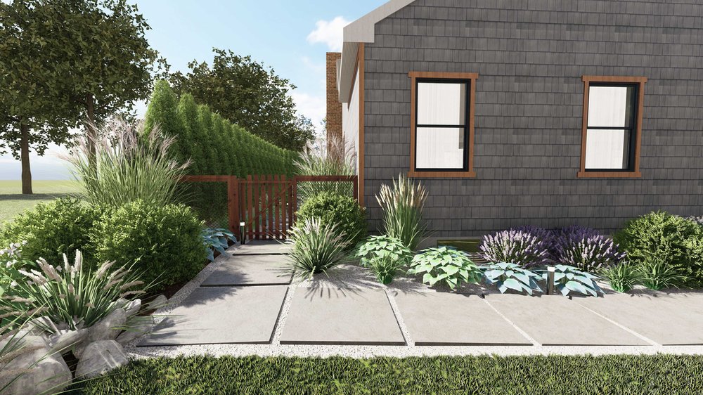 Boston yard with concrete pavers and plants