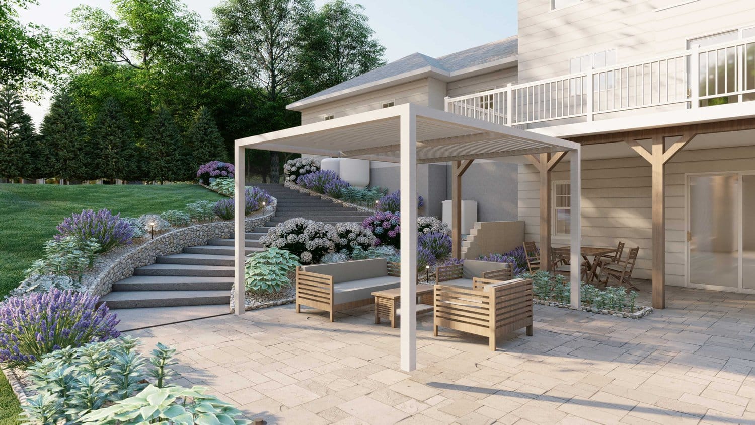 Cambridge yard with patio, pergola, beautiful steps and flowers on both sides