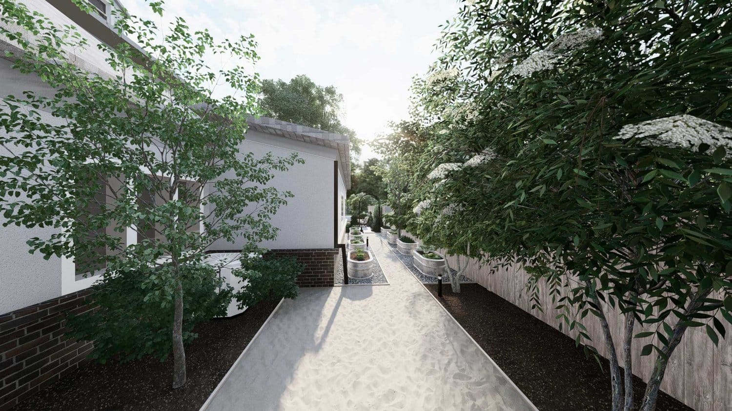 Cambridge side yard with walk way decorated with white sand, planter on graveled floors and trees on the side